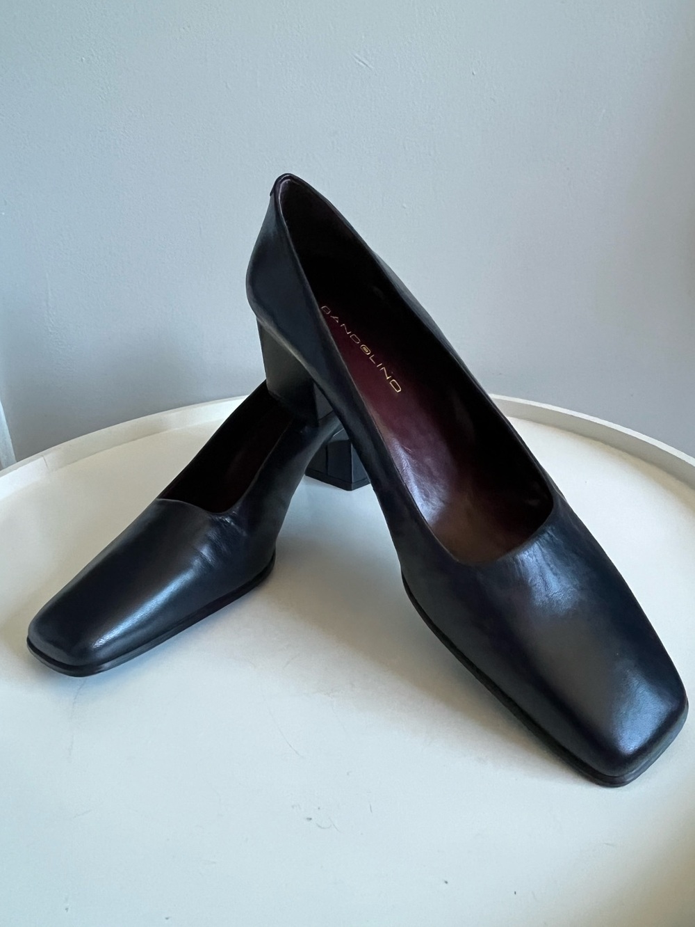 NEW BANDOLINO Leather Square Toe Block Heel Pumps Navy Blue Size 9M